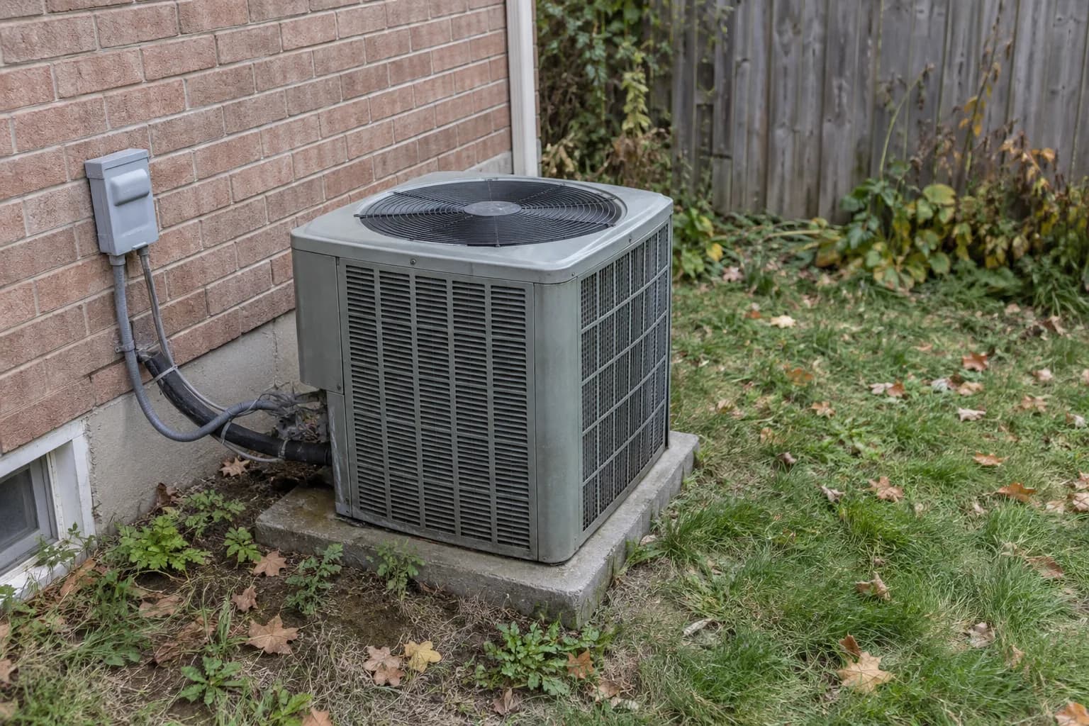 Illustrative outdoor AC condenser beside a brick house and lawn.