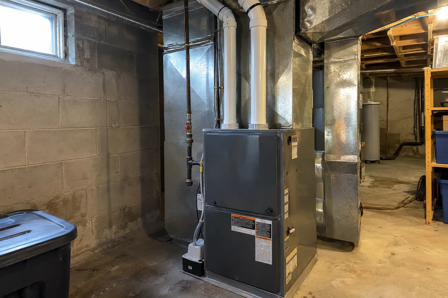Illustrative furnace and ductwork in an unfinished basement.