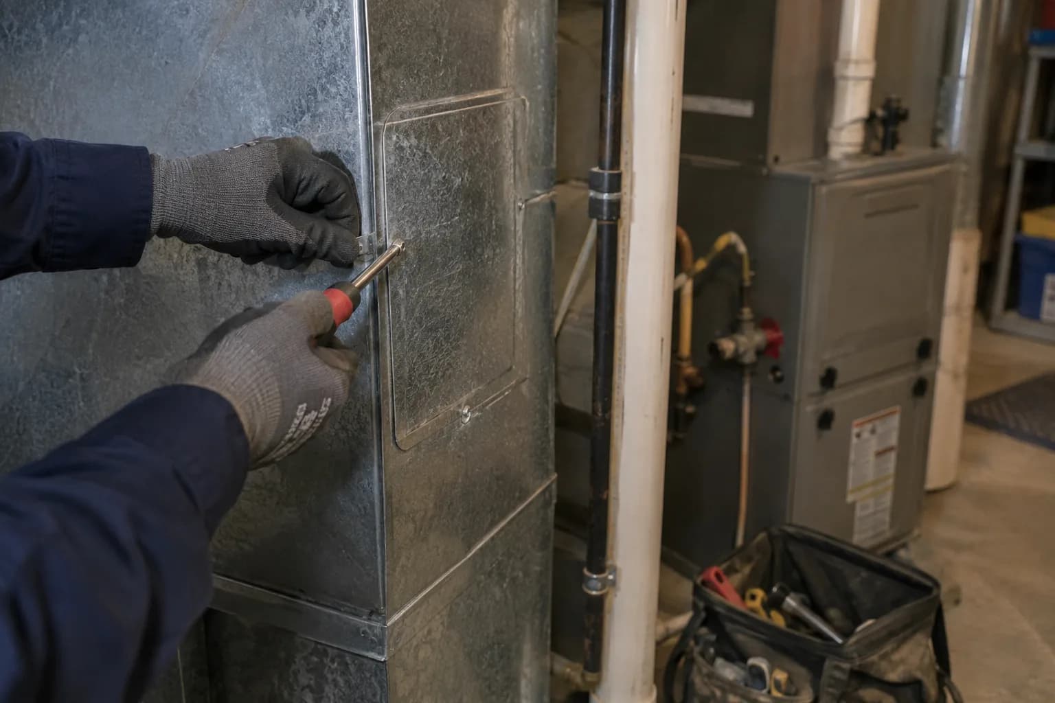 Illustrative gloved hands using a nut driver on a duct access panel.