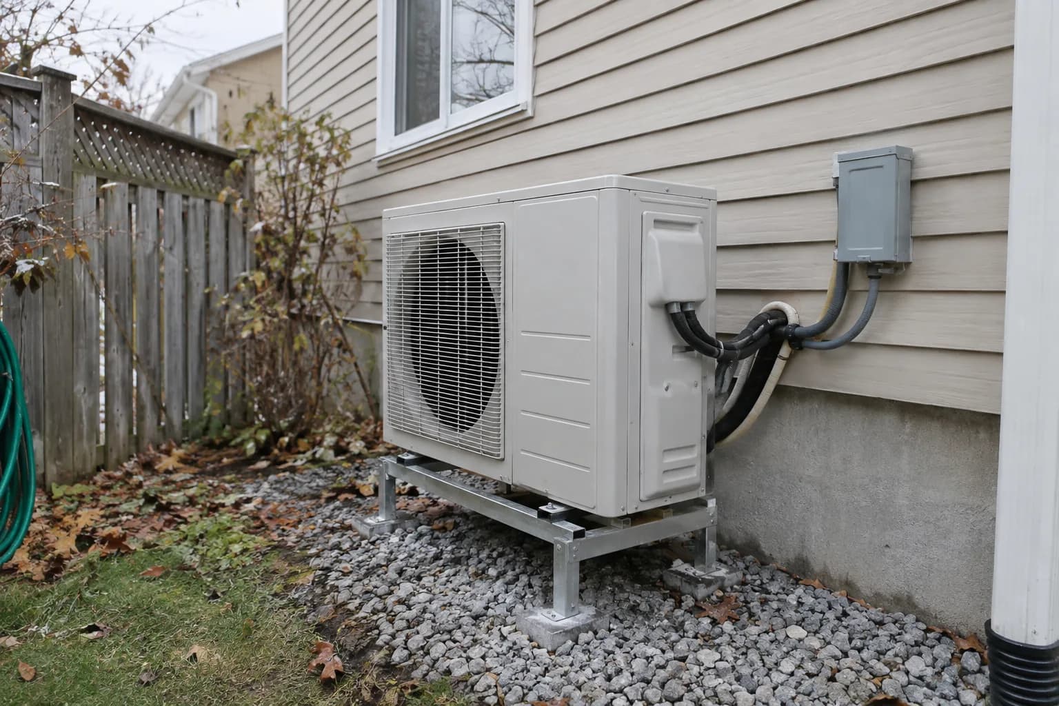 Illustrative heat pump on a raised stand beside a house.